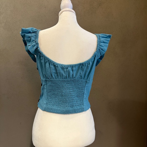 Free People flutter sleeve top with rouched back, NWT, size Small, teal blue - Picture 2 of 4